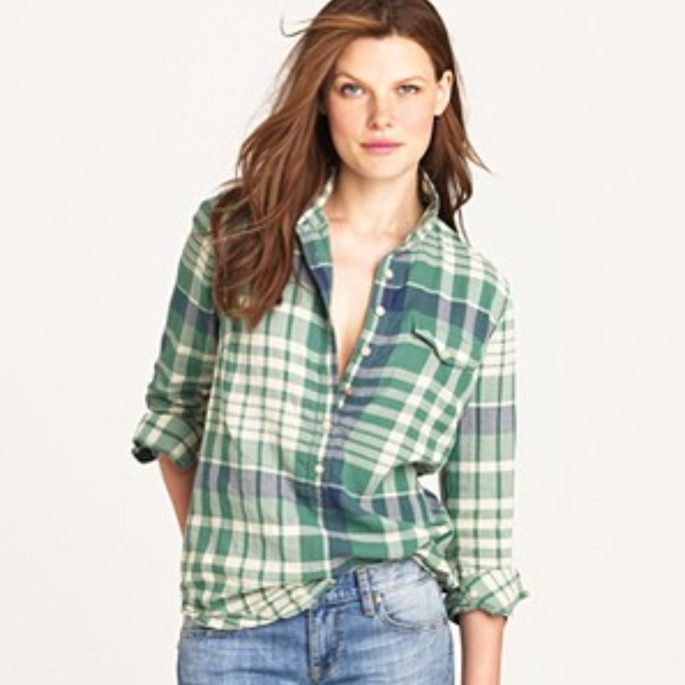 EUC $75 JCREW J.Crew Green Plaid Popover, Sz M